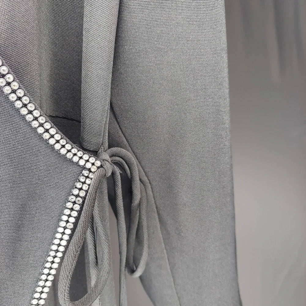 Onyx Nite Maxi Dress 14‎ Black Faux Wrap Diamond Jewel Tie VNeck Long Sleeve Zip